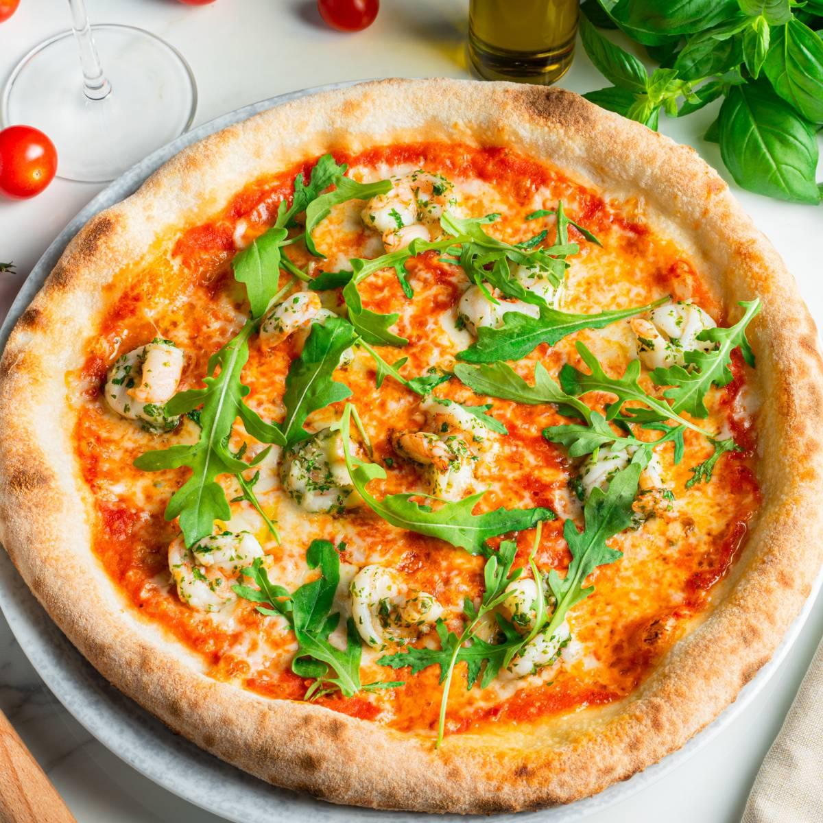 Pizza with tiger prawns